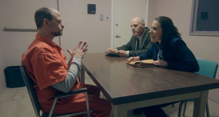 Confession 2020 Movie Scene Gary C. Stillman as Jared Lamb and Queena DeLany as Reina Herrera questioning Gavin Lyall as Dean McCallum