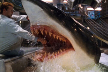 Deep Blue Sea 1999 Movie Scene Shark eating the hand of Stellan Skarsgard as Jim Whitlock