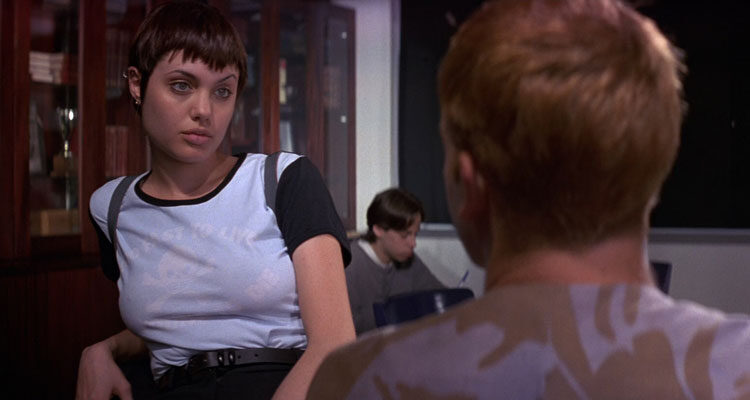 Hackers 1995 Movie Scene Angelina Jolie as Kate with short hair and wearing a t-shirt