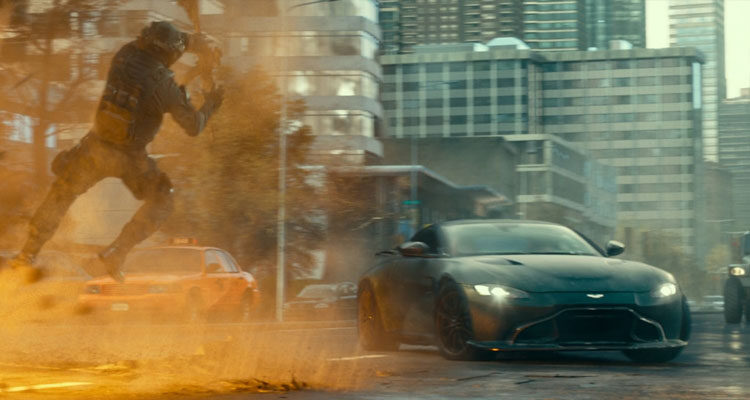 Infinite 2021 Movie Scene Aston Martin Vantage avoiding explosions in the road