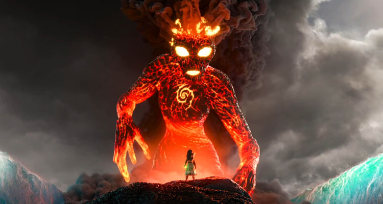 Moana 2016 Movie Scene Auli'i Cravalho as Moana confronts the lava monster with sign on its chest
