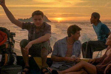 The Beach 2000 Movie Scene Leonardo DiCaprio as Richard, Virginie Ledoyen as Françoise and Guillaume Canet as Étienne on a boat travelling to a secret island of Ko Phi Phi Leh