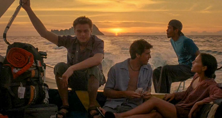 The Beach 2000 Movie Scene Leonardo DiCaprio as Richard, Virginie Ledoyen as Françoise and Guillaume Canet as Étienne on a boat travelling to a secret island of Ko Phi Phi Leh