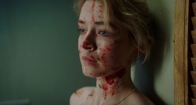 A Good Woman Is Hard To Find 2019 Movie Scene Sarah Bolger as Sarah covered in blood leaning against the wall