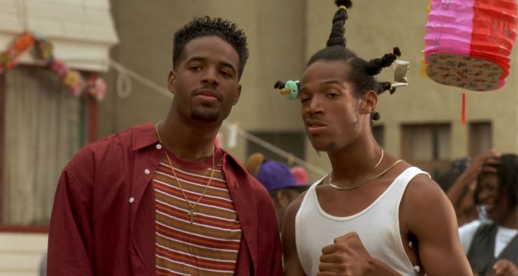 Dont Be A Menace 1996 Movie Scene Marlon Wayans as Loc Dog and Shawn Wayans as Ashtray at the party looking at Toothpick