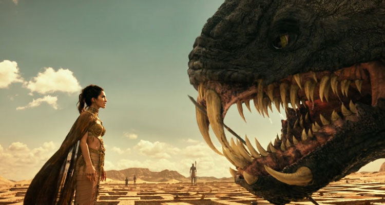 Gods of Egypt 2016 Movie Scene Elodie Yung as Hathor talking to a giant snake monster with a lot of teeth