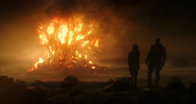 The Last Witch Hunter 2015 Movie Scene Kaulder and Khloe watching as the ancient tree burns