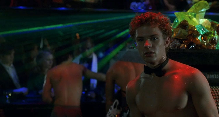 54 1998 Movie Scene Ryan Phillippe as Shane O'Shea shirtless and wearing just a bow tie behind the bar