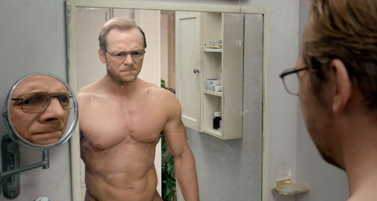 Absolutely Anything 2015 Movie Scene Simon Pegg as Neil looking in the mirror at his muscular body after he made a wish to look good