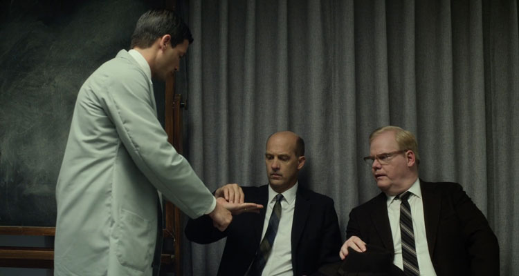 Experimenter 2015 Movie Scene Jim Gaffigan as James McDonough and Anthony Edwards as Miller participating in the experiment