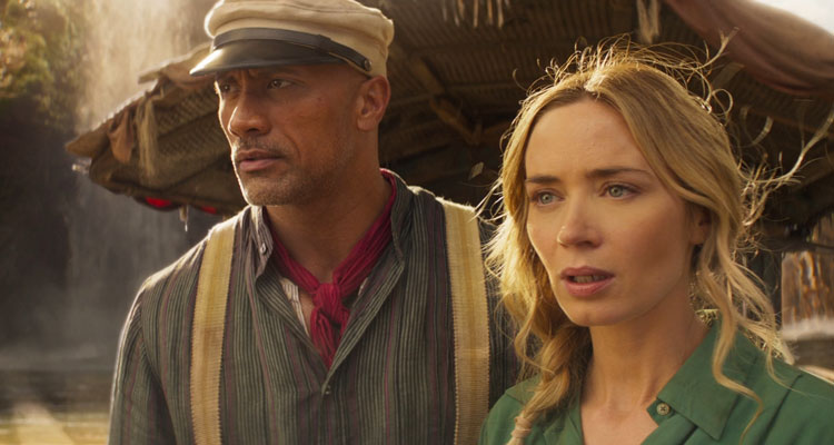 Jungle Cruise 2021 Movie Scene Dwayne Johnson as Frank Wolff and Emily Blunt as Lily Houghton aboard his boat