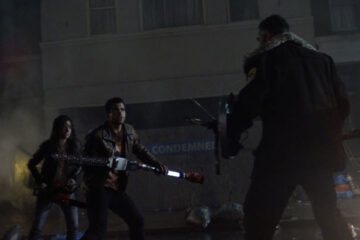 Dead Rising 2015 Movie Scene Jesse Metcalfe as Chase Carter and Meghan Ory as Crystal fighting against gang leader