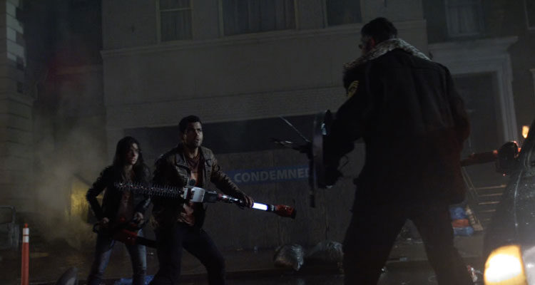 Dead Rising 2015 Movie Scene Jesse Metcalfe as Chase Carter and Meghan Ory as Crystal fighting against gang leader