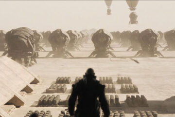 Dune 2021 Movie Scene The Harkonnen army getting ready to leave the planet oversaw by Dave Bautista as Beast Rabban Harkonnen
