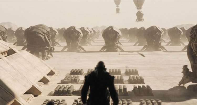 Dune 2021 Movie Scene The Harkonnen army getting ready to leave the planet oversaw by Dave Bautista as Beast Rabban Harkonnen
