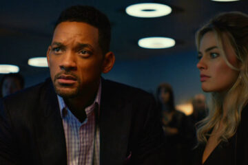 Focus 2015 Movie Scene Will Smith as Nicky and Margot Robbie as Jess betting huge amounts of money