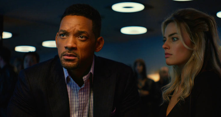 Focus 2015 Movie Scene Will Smith as Nicky and Margot Robbie as Jess betting huge amounts of money