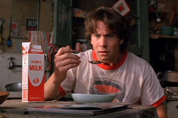 Joe's Apartment 1993 Movie Scene Jerry O'Connell as Joe looking at his cereal with cockroaches in it