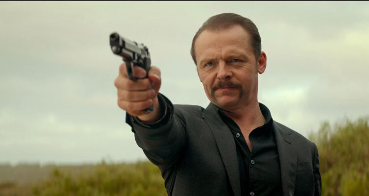 Kill Me Three Times 2014 Movie Scene Simon Pegg as Charlie Wolfe holding a gun