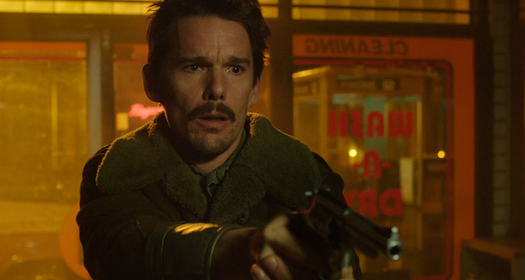 Predestination 2014 Movie Scene Ethan Hawke as The Barkeep holding a gun in a laundry room