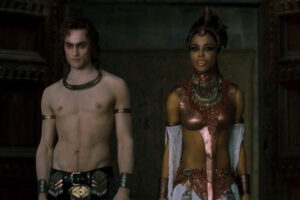 Queen of the Damned 2002 Movie Scene Stuart Townsend as Lestat without a shirt and Aaliyah as Queen Akasha