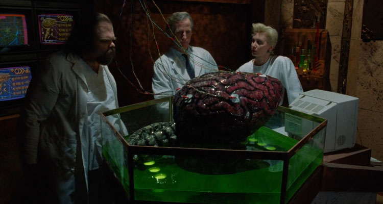 The Brain 1988 Movie Scene Christine Kossak as Vivian, David Gale as Dr. Anthony Blakely and George Buza as Verna looking at a giant brain in green liquid