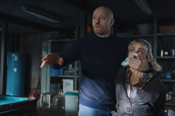 The Trip AKA I Onde Dager 2021 Movie Scene Noomi Rapace as Lisa tied and gagged being held in the basement by Aksel Hennie as Lars