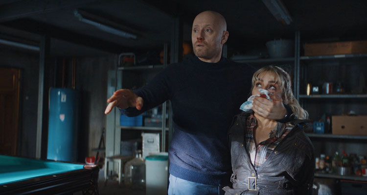 The Trip AKA I Onde Dager 2021 Movie Scene Noomi Rapace as Lisa tied and gagged being held in the basement by Aksel Hennie as Lars