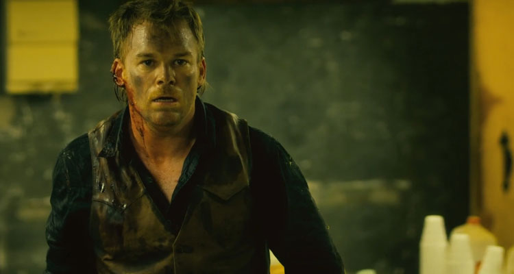 Cold in July 2014 Movie Scene Michael C. Hall as Richard Dane all bloody and sporting a mullet haircut
