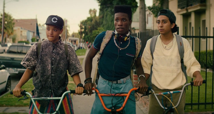Dope 2015 Movie Scene Shameik Moore as Malcolm, Tony Revolori as Jib and Kiersey Clemons as Diggy on bikes in the hood