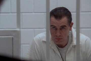 Manhunter 1986 Movie Scene Brian Cox as Dr. Hannibal Lecktor talking to Will Graham from his cell dressed in white