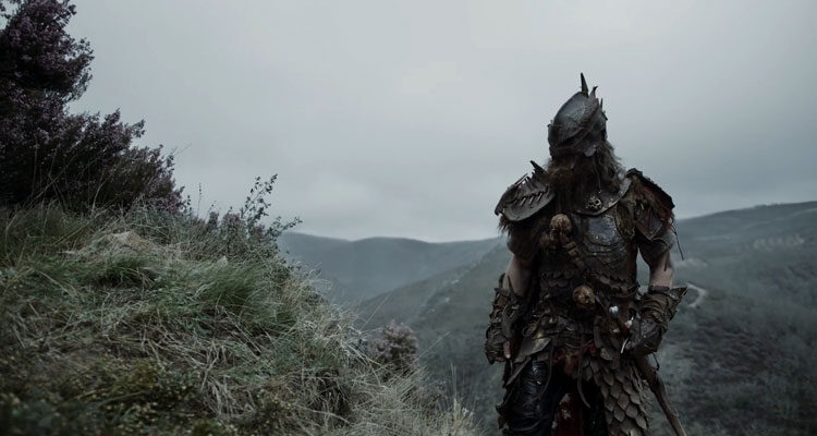 The Head Hunter 2018 Movie Scene The bearded warrior in full armor walking through the valley