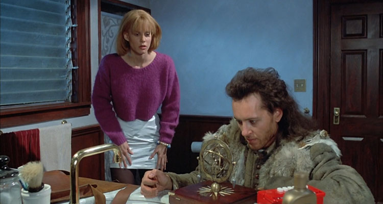 Warlock 1989 Movie Scene Richard E. Grant as Redferne looking at the witch compass with Lori Singer as Kassandra