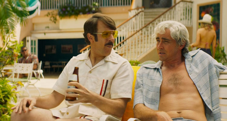 Driven 2018 Movie Scene Jason Sudeikis as Jim and Lee Pace as John DeLorean getting their tan on