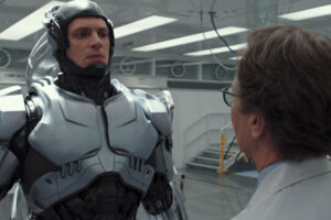 RoboCop 2014 Movie Scene Joel Kinnaman as Alex Murphy in the laboratory waking up for the first time talking to Gary Oldman as Dr. Dennett Norton