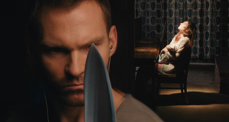 Bloodline 2018 Movie Scene Seann William Scott as Evan holding a knife
