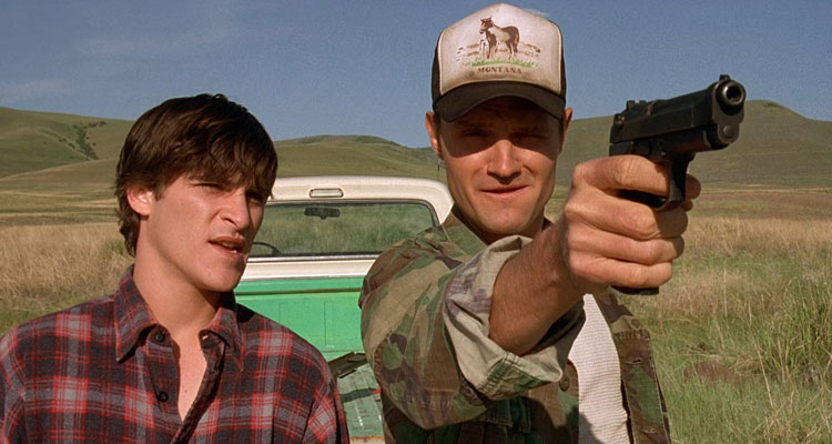 Clay Pigeons 1998 Movie Scene Joaquin Phoenix as Clay and Gregory Sporleder as Earl drinking and shooting