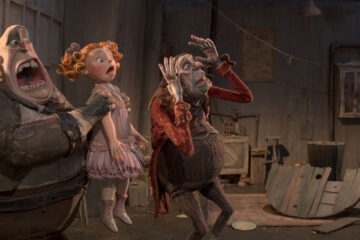 The Boxtrolls 2014 Movie Scene Ben Kingsley as Snatcher and his henchman holding a girl startled