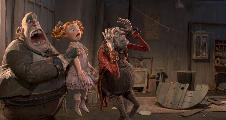 The Boxtrolls 2014 Movie Scene Ben Kingsley as Snatcher and his henchman holding a girl startled