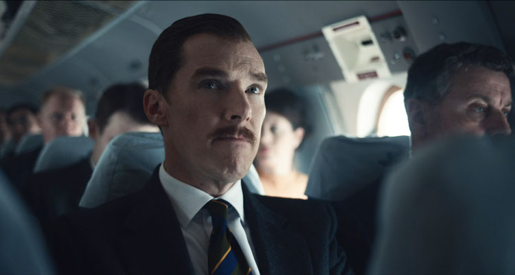 The Courier 2020 Movie Scene Benedict Cumberbatch as Greville Wynne in an airplane on his way to UK