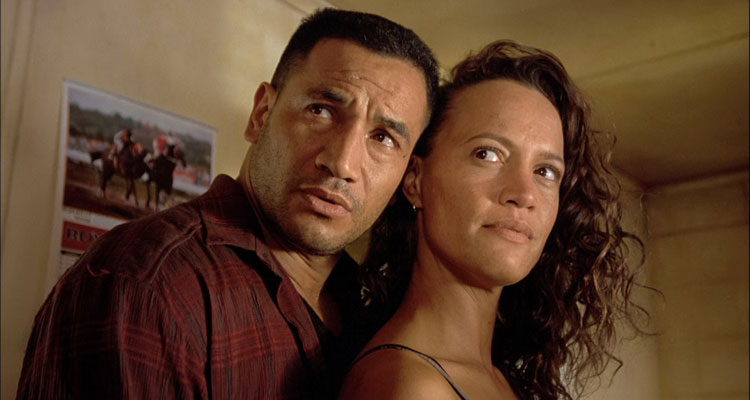 Once Were Warriors 1994 Movie Scene Temuera Morrison as Jake hugging Rena Owen as Beth