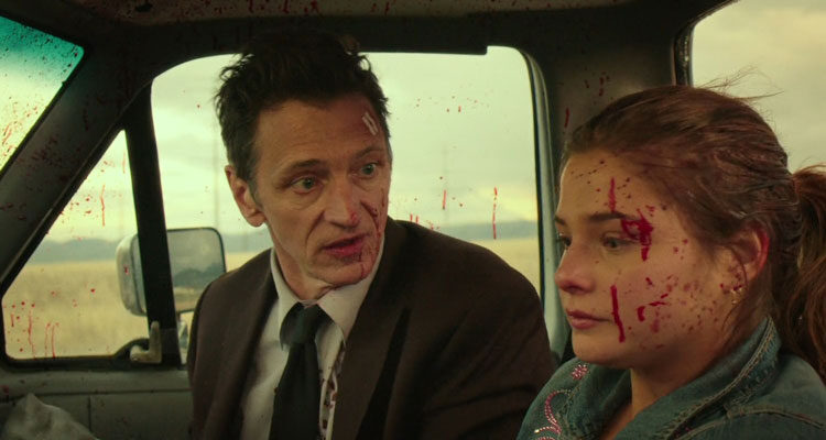 Small Town Crime 2017 Movie Scene John Hawkes as Mike and Stefanie Scott as Ivy covered in blood after a chase