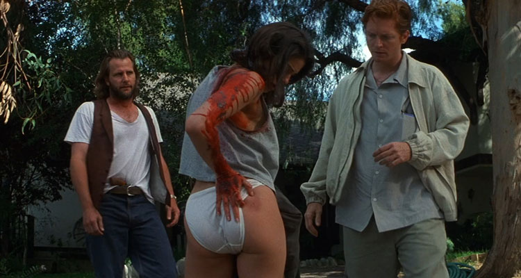 2 Days in the Valley 1996 Movie Scene Teri Hatcher as Becky pulling away her white panties to show a puncture wound on her butt cheek to Jeff Daniels as Alvin and Eric Stoltz as Wes