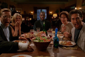 The Last Supper 1995 Movie Scene Cameron Diaz as Jude, Ron Eldard as Pete, Annabeth Gish, as Paulie, Jonathan Penner as Marc, and Courtney B. Vance as Luke screaming in terror during dinner