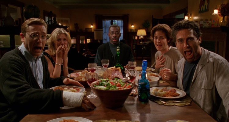 The Last Supper 1995 Movie Scene Cameron Diaz as Jude, Ron Eldard as Pete, Annabeth Gish, as Paulie, Jonathan Penner as Marc, and Courtney B. Vance as Luke screaming in terror during dinner