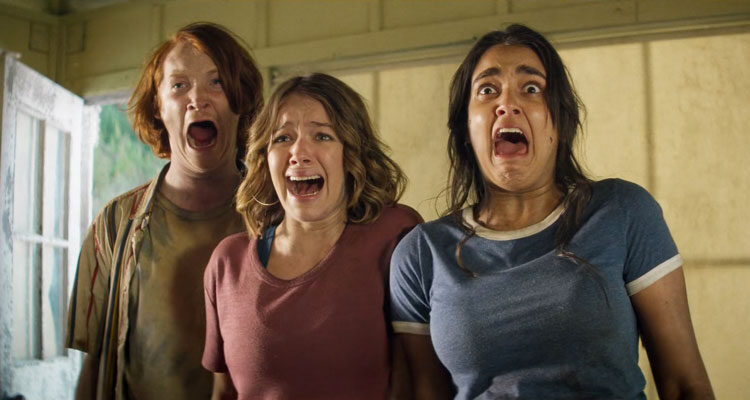 The Package 2018 Movie Scene Geraldine Viswanathan as Becky, Sadie Calvano as Sarah and Luke Spencer Roberts as Donnie screaming upon seeing Daniel Doheny as Sean doing something