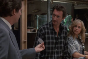 FX Murder By Illusion 1986 Movie Scene Bryan Brown as Roland Tyler and Martha Gehman as Andy talking to Cliff De Young as Lipton