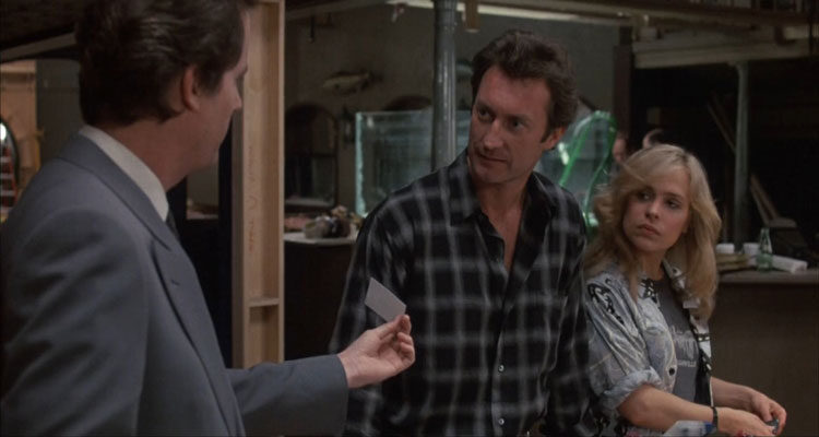 FX Murder By Illusion 1986 Movie Scene Bryan Brown as Roland Tyler and Martha Gehman as Andy talking to Cliff De Young as Lipton