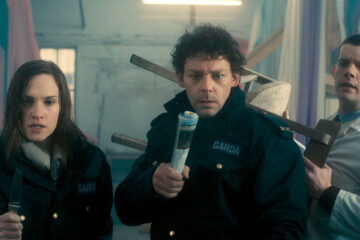 Grabbers 2012 Movie Scene Ruth Bradley as Lisa, Richard Coyle as Ciarán and Russell Tovey as Adam preparing to fight an alien monster
