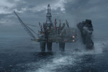 The Burning Sea 2021 Movie Scene An oil rig platform falling apart